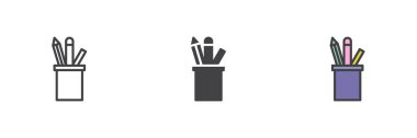 Kalem tutucu farklı biçim simgesi seti. Çizgi, kabartma ve doldurulmuş renkli versiyon, ana hatlar ve doldurulmuş vektör işareti. Kırtasiye kalem bardağı sembolü, logo illüstrasyonu. Vektör grafikleri