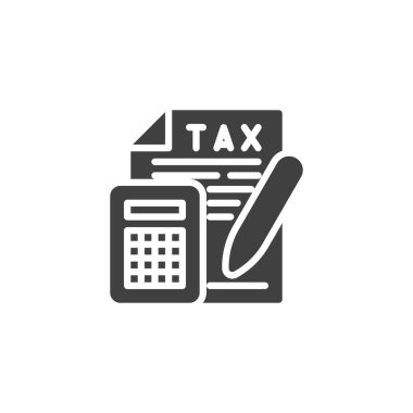 Kalem ve hesap makinesi vektör ikonu içeren vergi formu. Mobil konsept ve web tasarımı için düz tabela. Vergi İmajı simgesi. Sembol, logo çizimi. Vektör grafikleri