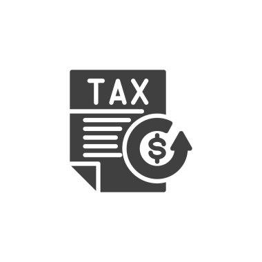 Dolar işaretli vergi belgesi ve ok vektör simgesini iade et. Mobil konsept ve web tasarımı için düz tabela. Vergi iadesi sembol. Sembol, logo çizimi. Vektör grafikleri