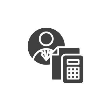 Belge ve hesap makinesi vektör ikonu olan kişi. Mobil konsept ve web tasarımı için düz tabela. Vergi Danışmanı kabartma simgesi. Sembol, logo çizimi. Vektör grafikleri