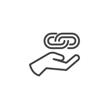 Link Building çizgi simgesi. Mobil konsept ve web tasarımı için doğrusal biçim işareti. Bir bağlantı zinciri ana hatlı vektör simgesi ile el. Sembol, logo çizimi. Vektör grafikleri