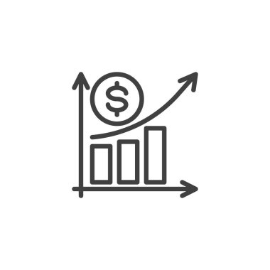 Satış Yönetimi çizgisi simgesi. Mobil konsept ve web tasarımı için doğrusal biçim işareti. Yukarı doğru ok ve bir dolar işareti vektör ikonu olan bir bar grafiği. Sembol, logo çizimi. Vektör grafikleri