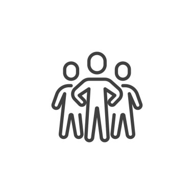 Liderlik çizgisi simgesi. Mobil konsept ve web tasarımı için doğrusal biçim işareti. Lider bir grup ana hatlı vektör simgesinin önünde duruyor. Sembol, logo çizimi. Vektör grafikleri