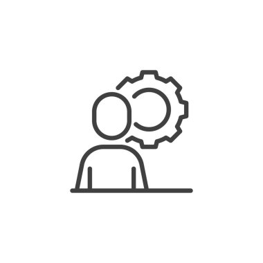 İnsan Kaynakları çizgi simgesi. Mobil konsept ve web tasarımı için doğrusal biçim işareti. Vites çizgisi vektör ikonu olan kişi. Sembol, logo çizimi. Vektör grafikleri