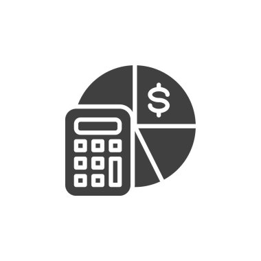 Hesap makinesi, pasta grafiği ve dolar işareti vektör ikonu. Mobil konsept ve web tasarımı için düz tabela. Finansal Planlama sembolü. Sembol, logo çizimi. Vektör grafikleri