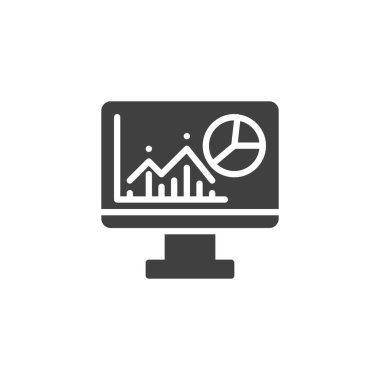 Bilgisayar ekranı, üzerinde grafik ve grafik vektör simgesi olan bir analitik gösterge paneli gösteriyor. Mobil konsept ve web tasarımı için düz tabela. Analitik Kontrol Paneli sembol simgesi. Sembol, logo illüstrasyonu