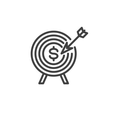 Finansal Gol Çizgisi simgesi. Mobil konsept ve web tasarımı için doğrusal biçim işareti. Merkez ana hatlı vektör ikonunda dolar işareti olan hedef. Sembol, logo çizimi. Vektör grafikleri