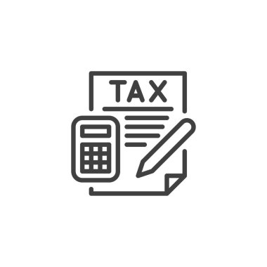 Vergi Planlama Hattı simgesi. Mobil konsept ve web tasarımı için doğrusal biçim işareti. Hesap makinesi ve kalem hatlı vektör ikonu olan bir vergi formu. Sembol, logo çizimi. Vektör grafikleri