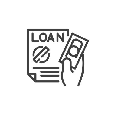Borç Ödeme çizgisi simgesi. Mobil konsept ve web tasarımı için doğrusal biçim işareti. Paralı bir pul taslak ikonu ile el ele tutuşmak. Sembol, logo çizimi. Vektör grafikleri