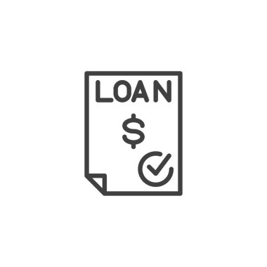 Kredi başvuru satırı simgesi. Mobil konsept ve web tasarımı için doğrusal biçim işareti. Bir dolar işareti ve işaretli vektör simgesi olan belge. Sembol, logo çizimi. Vektör grafikleri