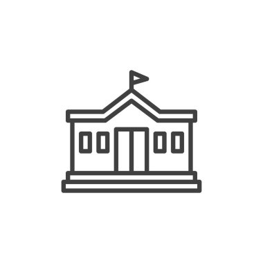 Okul Binası çizgisi simgesi. Mobil konsept ve web tasarımı için doğrusal biçim işareti. Ana hatlarında bir bayrak olan okul binası. Sembol, logo çizimi. Vektör grafikleri