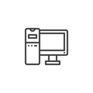 Bilgisayar çizgisi simgesi. Mobil konsept ve web tasarımı için doğrusal biçim işareti. Masaüstü bilgisayar ana hatları vektör simgesi. Bilgisayar sembolü, logo illüstrasyonu. Vektör grafikleri