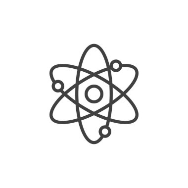 Atom çizgisi simgesi. Mobil konsept ve web tasarımı için doğrusal biçim işareti. Yörüngedeki elektron dış hat ikonuna sahip atom. Bilim sembolü, logo illüstrasyonu. Vektör grafikleri
