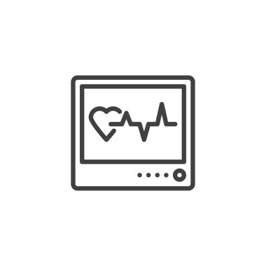 Kalp atışı monitörü çizgi simgesi. Mobil konsept ve web tasarımı için doğrusal biçim işareti. Elektrokardiyogram ana hatlı vektör simgesi. EKG sembolü, logo çizimi. Vektör grafikleri