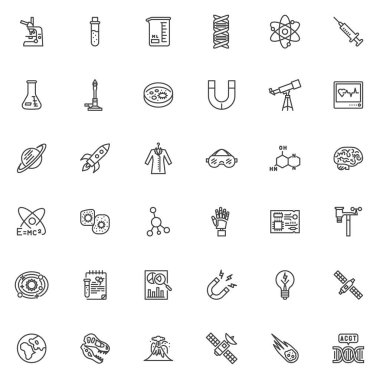 Bilim ve teknoloji çizgisi simgeleri ayarlandı. Doğrusal biçim sembolleri koleksiyonu, ana tabela işaretleri paketi. Eğitim vektör grafikleri. Mikroskop, Test Tübü, DNA Helix, Chemical Flask, Teleskop gibi simgeleri içerir