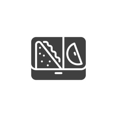 İçinde sandviç ve elma ikonu olan bir beslenme çantası. Mobil konsept ve web tasarımı için düz tabela. Beslenme çantası sembolü. Sembol, logo çizimi. Vektör grafikleri