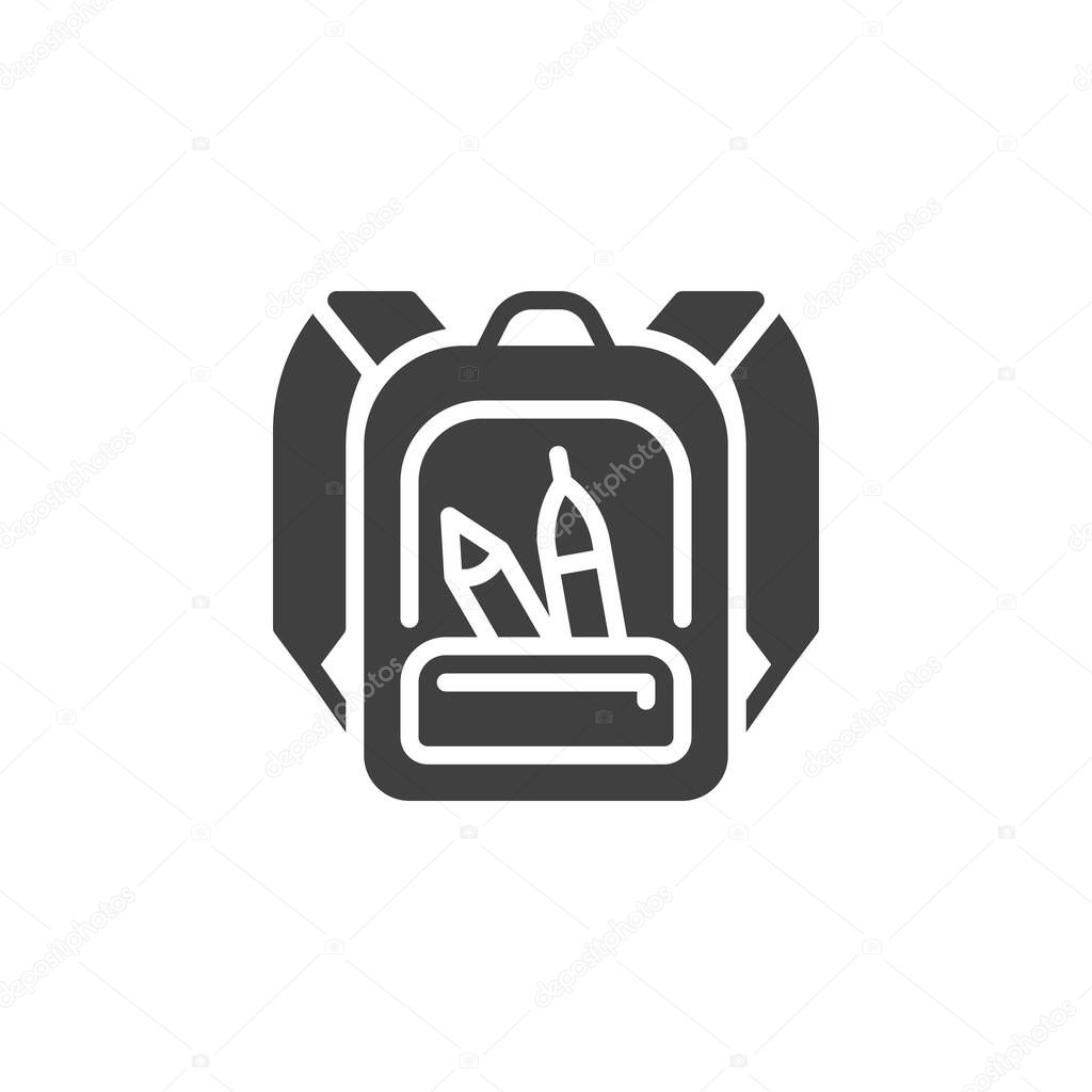 Backpack with school supplies vector icon. filled flat sign for mobile concept and web design. Backpack Packed glyph icon. Symbol, logo illustration. Vector graphics