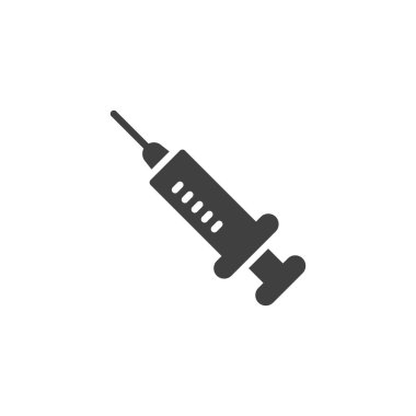 İğne vektör ikonlu şırınga. Mobil konsept ve web tasarımı için düz tabela. Tıbbi Şırınga sembolü. Aşı sembolü, logo çizimi. Vektör grafikleri