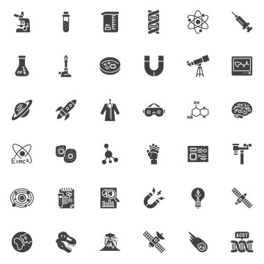 Bilim vektör simgeleri seti, modern katı sembol koleksiyonu, doldurulmuş biçim piktogram paketi. İşaretler, logo illüstrasyonu. Mikroskop, Test Tübü, DNA Helix, Chemical Flask, Teleskop gibi simgeleri içerir