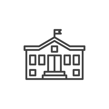 Okul Binası çizgisi simgesi. Mobil konsept ve web tasarımı için doğrusal biçim işareti. Ana hatlarında bir bayrak olan okul binası. Sembol, logo çizimi. Vektör grafikleri