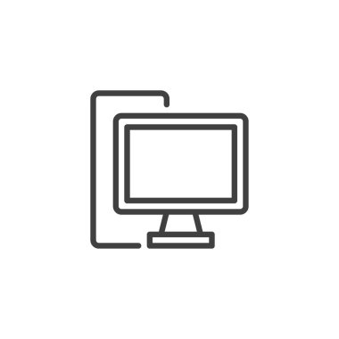 Masaüstü bilgisayar hattı simgesi. Mobil konsept ve web tasarımı için doğrusal biçim işareti. Bilgisayar izleyici dış hat vektör simgesi. Sembol, logo çizimi. Vektör grafikleri