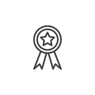 Ödül kurdele çizgisi ikonu. Mobil konsept ve web tasarımı için doğrusal biçim işareti. Rozetinde şerit çizili vektör simgesi var. Akademik başarı sembolü, logo çizimi. Vektör grafikleri