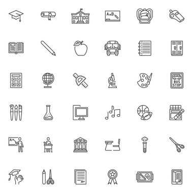 Eğitim çizgisi simgeleri ayarlandı. Doğrusal biçim sembolleri koleksiyonu, ana tabela işaretleri paketi. Okul eğitim vektör grafikleri. Okul malzemesi olarak simgeler, öğretmen öğrenci, mezuniyet şapkası, öğrenme, çalışma