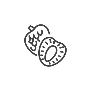 Meyve çizgisi ikonu. Mobil konsept ve web tasarımı için doğrusal biçim işareti. Tüm ve soyulmuş liçi ana hatları vektör simgesi. Sembol, logo çizimi. Vektör grafikleri