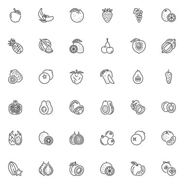 Meyve çizgisi simgeleri ayarlandı. Doğrusal biçim sembolleri koleksiyonu, ana tabela işaretleri paketi. Meyve ve meyve vektör grafikleri. Set simgeleri: Apple, Banana, Orange, Strawberry, Kiwi, Nar, Hindistan cevizi