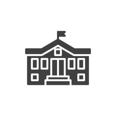En üst vektör simgesinde bir bayrak olan okul binası. Mobil konsept ve web tasarımı için düz tabela. Okul Binası sembolü. Sembol, logo çizimi. Vektör grafikleri