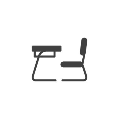 Koltuk vektör ikonuyla okul masası. Mobil konsept ve web tasarımı için düz tabela. Öğrenci Masası ve Sandalye Sembolü. Sembol, logo çizimi. Vektör grafikleri