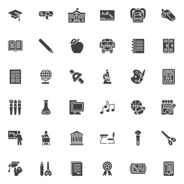 Okul eğitim vektör simgeleri seti, modern katı sembol koleksiyonu, doldurulmuş biçim piktogram paketi. İşaretler, logo illüstrasyonu. Okul malzemesi olarak simgeler, öğretmen öğrenci, mezuniyet şapkası, çalışma