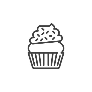 Şekerleme ve şeker serpiştirme ikonlu kek. Mobil konsept ve web tasarımı için doğrusal biçim işareti. Cupcake ana hatlı vektör simgesi. Sembol, logo çizimi. Vektör grafikleri