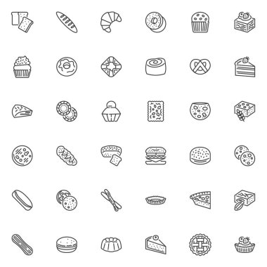 Fırın ve pasta çizgisi simgeleri ayarlandı. Doğrusal biçim sembolleri koleksiyonu, ana tabela işaretleri paketi. Ekmek ve Sandviç vektör grafikleri. Set simgeleri: Meyveli kek, Kruvasan, Macaron, Ekmek, Hamburger