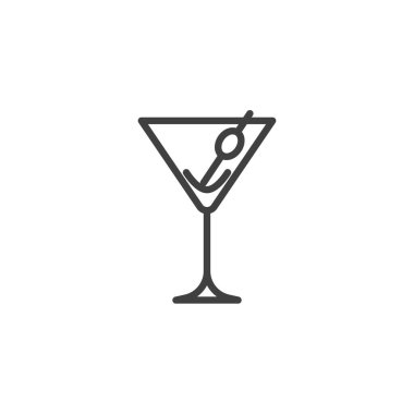 Martini Glass çizgi ikonu. Mobil konsept ve web tasarımı için doğrusal biçim işareti. Zeytin rengi çizgili martini bardağı. Sembol, logo çizimi. Vektör grafikleri