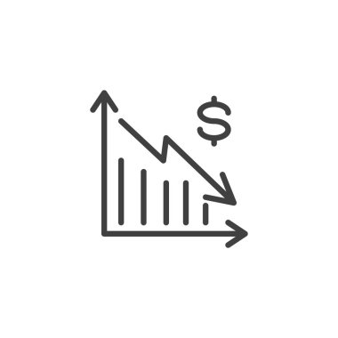 Aşağı yönlü trend çizgi simgesi. Mobil konsept ve web tasarımı için doğrusal biçim işareti. Ekonomik durgunluk grafiği ve bir dolar işaretli vektör ikonu. Dolar kazası sembolü, logo illüstrasyonu.