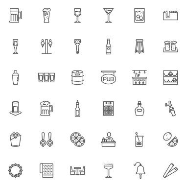 Bar içecek çizgisi simgeleri ayarlandı. Doğrusal biçim sembolleri koleksiyonu, ana tabela işaretleri paketi. İçecekler ve İçecek vektör grafikleri. Set simgeleri bar sayacı, barmen, bira şişesi, şarap kadehi, bira şişesi