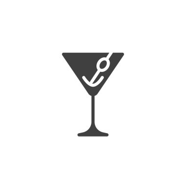 Zeytin vektör ikonlu martini bardağı. Mobil konsept ve web tasarımı için düz tabela. Martini Glass simgesi. Sembol, logo çizimi. Vektör grafikleri