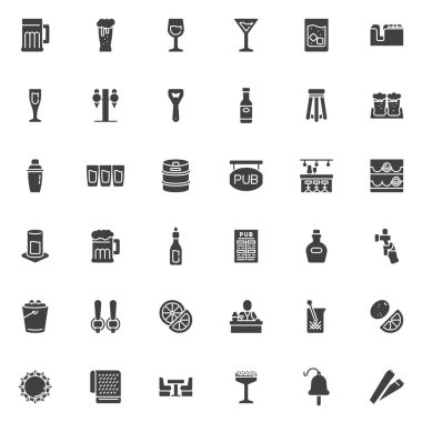 İçecekler ve İçecek vektör simgeleri seti, modern katı sembol koleksiyonu, doldurulmuş biçim piktogram paketi. İşaretler, logo illüstrasyonu. Set simgeleri bar tezgahı, bira şişesi, şarap kadehi ve bira şişesidir