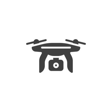 Kameralı vektör ikonlu bir kuadkopter drone. Mobil konsept ve web tasarımı için düz tabela. Kamera sembolü olan bir dron. Sembol, logo çizimi. Vektör grafikleri