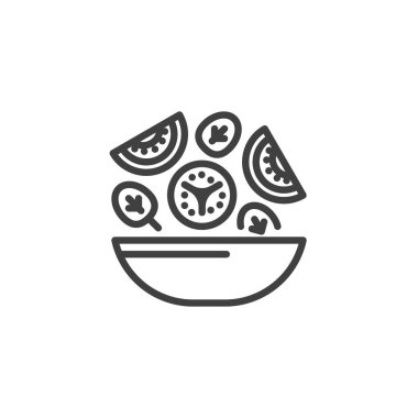 Bir kase salata çizgisi ikonu. Mobil konsept ve web tasarımı için doğrusal biçim işareti. Sebze salatası taslak vektör ikonu. Besleyici yemek sembolü, logo çizimi. Vektör grafikleri
