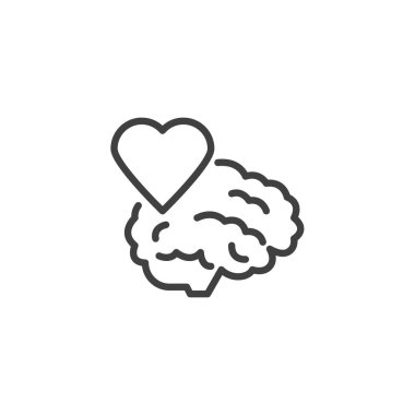 Zihinsel Refah Çizgisi ikonu. Mobil konsept ve web tasarımı için doğrusal biçim işareti. Kalp hatları vektör ikonuna sahip beyin. Sembol, logo çizimi. Vektör grafikleri