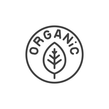 Organik gıda hattı ikonu. Mobil konsept ve web tasarımı için doğrusal biçim işareti. Yaprak hatlı vektör ikonlu organik gıda etiketi. Sembol, logo çizimi. Vektör grafikleri