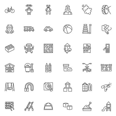 Oyuncaklar ve çocukluk çizgisi simgeleri hazır. Doğrusal biçim sembolleri koleksiyonu, ana tabela işaretleri paketi. Bebek oyuncakları vektör grafikleri. Set simgeleri bisiklet, oyuncak bebek, oyuncak ayı, bulmaca, tren, oyun mutfağı, kum havuzu olarak içerir