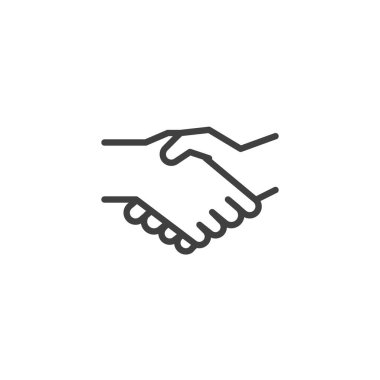 El sıkışma çizgisi simgesi. Mobil konsept ve web tasarımı için doğrusal biçim işareti. Ortaklık, el sıkışma vektör ikonu. İş birliği sembolü, logo illüstrasyonu. Vektör grafikleri