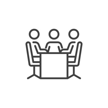 Şirket Buluşma Hattı ikonu. Mobil konsept ve web tasarımı için doğrusal biçim işareti. Konferans masasının etrafında oturan insanlar vektör ikonu çiziyor. Sembol, logo çizimi. Vektör grafikleri