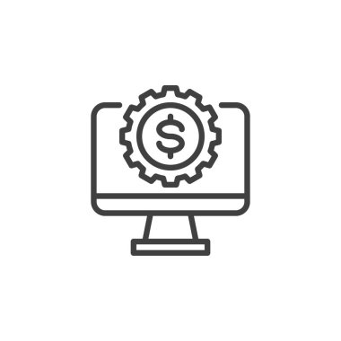 Finansal Teknoloji çizgisi ikonu. Mobil konsept ve web tasarımı için doğrusal biçim işareti. Dişli bilgisayar monitörü ve dolar hatlı vektör simgesi. Sembol, logo çizimi. Vektör grafikleri