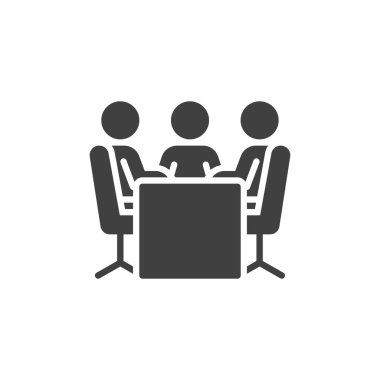 Konferans masası ikonu etrafında oturan insanlar. Mobil konsept ve web tasarımı için düz tabela. Kurumsal Buluşma sembolü. Sembol, logo çizimi. Vektör grafikleri