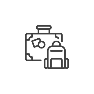 Seyahat aksesuarı çizgisi simgesi. Mobil konsept ve web tasarımı için doğrusal biçim işareti. Çanta, sırt çantası ana hat vektör simgesi. Bavul sembolü, logo çizimi. Vektör grafikleri