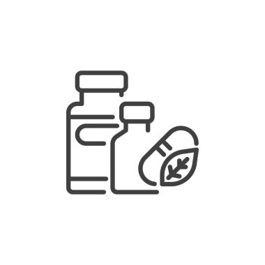 Sağlık Destek Hattı simgesi. Mobil konsept ve web tasarımı için doğrusal biçim işareti. Protein tozu kavanozu, vitamin şişesi ve bitki takviyeleri vektör ikonu. Sembol, logo illüstrasyonu.